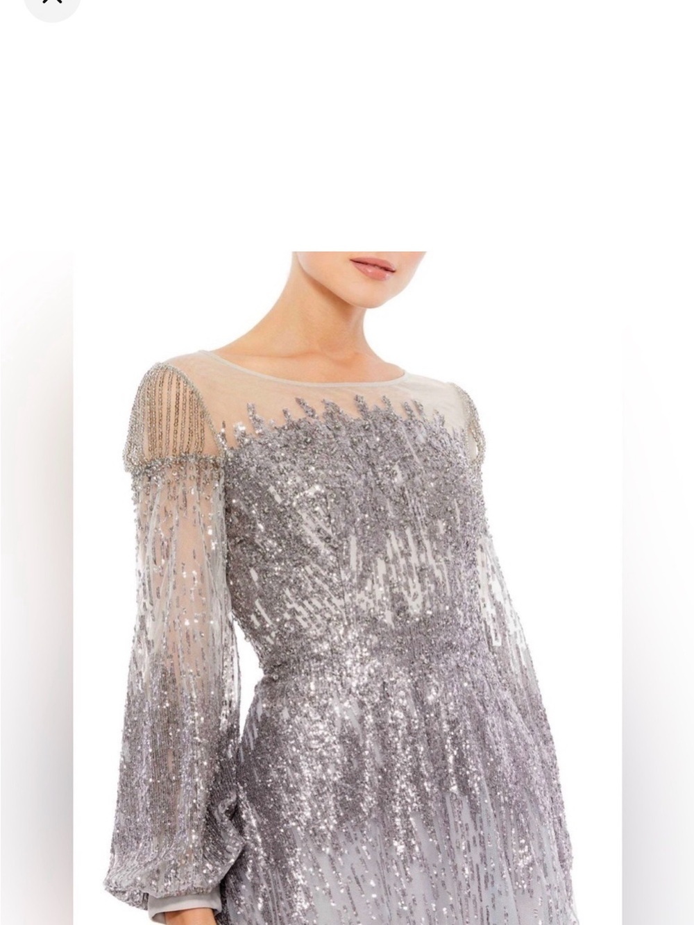 Mac Duggal Silver Sequin Maxi Gown with Sheer Yoke - Picture 3 of 4